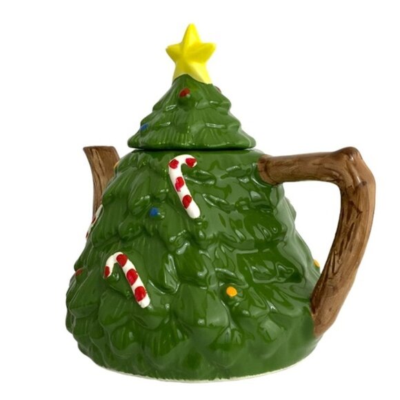 Holiday Teapot Christmas Tree Whimsical Vintage Glazed Ceramic Hand Painted - Picture 2 of 16